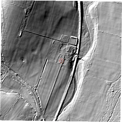 Shaded relief map of the ground around PO95NE, computed from Environment Agency LiDAR. The ground here sits at about 30 m above sea level and falls 30 m across the surrounding 800 m. Surface water reaching this point runs off ground lying to the north-west, 7.5 m higher.