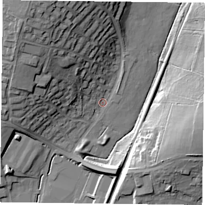 Shaded relief map of the ground around PO95QB, computed from Environment Agency LiDAR. The ground here sits at about 19 m above sea level and falls 26 m across the surrounding 800 m. Surface water reaching this point runs off ground lying to the north-west, 22.6 m higher.