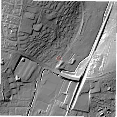Shaded relief map of the ground around PO95QD, computed from Environment Agency LiDAR. The ground here sits at about 19 m above sea level and falls 24 m across the surrounding 800 m. Surface water reaching this point runs off ground lying to the north-north-west, 21.9 m higher.