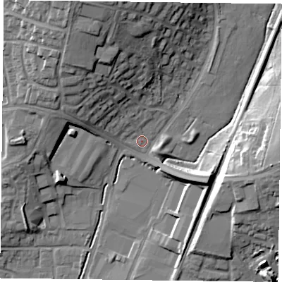 Shaded relief map of the ground around PO95QE, computed from Environment Agency LiDAR. The ground here sits at about 19 m above sea level and falls 23 m across the surrounding 800 m. Surface water reaching this point runs off ground lying to the north-north-west, 17.3 m higher.