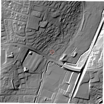 Shaded relief map of the ground around PO95QG, computed from Environment Agency LiDAR. The ground here sits at about 20 m above sea level and falls 24 m across the surrounding 800 m. Surface water reaching this point runs off ground lying to the north-north-west, 19.2 m higher.