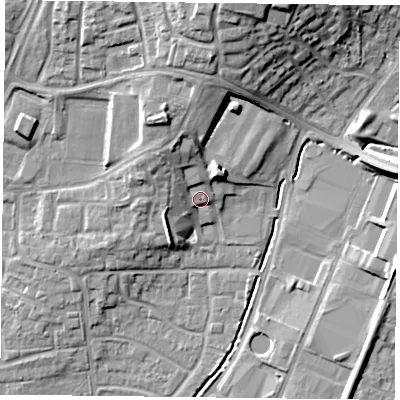 Shaded relief map of the ground around PO95TL, computed from Environment Agency LiDAR. The ground here sits at about 20 m above sea level and falls 19 m across the surrounding 800 m. Surface water reaching this point runs off ground lying to the north-west, 4.5 m higher.