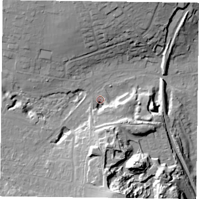 Shaded relief map of the ground around PO96AA, computed from Environment Agency LiDAR. The ground here sits at about 34 m above sea level and falls 28 m across the surrounding 800 m. Surface water reaching this point runs off ground lying to the south, 19.4 m higher.