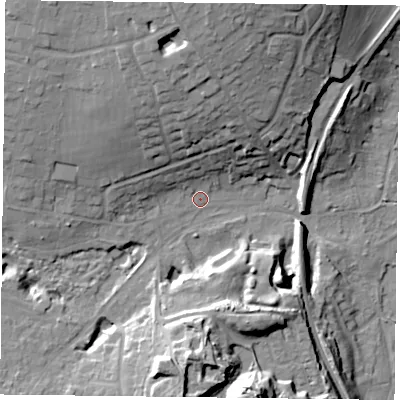 Shaded relief map of the ground around PO96AB, computed from Environment Agency LiDAR. The ground here sits at about 33 m above sea level and falls 26 m across the surrounding 800 m. Surface water reaching this point runs off ground lying to the north, 23.5 m higher.
