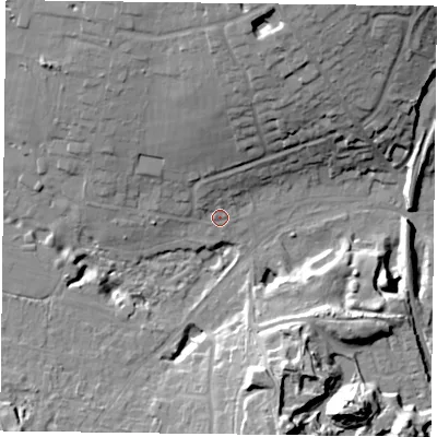 Shaded relief map of the ground around PO96AD, computed from Environment Agency LiDAR. The ground here sits at about 35 m above sea level and falls 24 m across the surrounding 800 m. Surface water reaching this point runs off ground lying to the north, 13.5 m higher.
