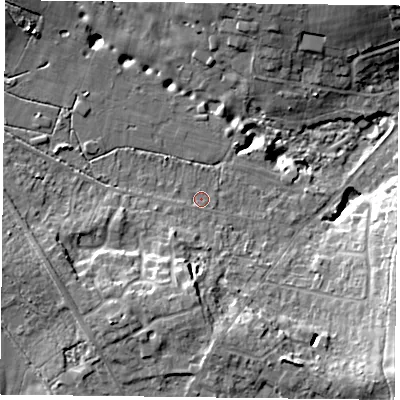 Shaded relief map of the ground around PO96AS, computed from Environment Agency LiDAR. The ground here sits at about 39 m above sea level and falls 18 m across the surrounding 800 m. Surface water reaching this point runs off ground lying to the south-south-west, 4.1 m higher.