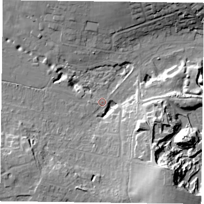 Shaded relief map of the ground around PO96AW, computed from Environment Agency LiDAR. The ground here sits at about 35 m above sea level and falls 27 m across the surrounding 800 m. Surface water reaching this point runs off ground lying to the south-east, 22.8 m higher.
