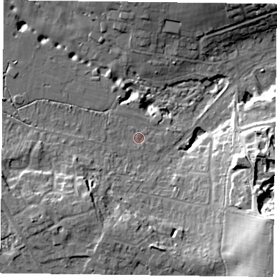 Shaded relief map of the ground around PO96AX, computed from Environment Agency LiDAR. The ground here sits at about 38 m above sea level and falls 27 m across the surrounding 800 m. Surface water reaching this point runs off ground lying to the south-west, 4.0 m higher.