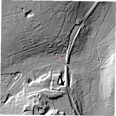 Shaded relief map of the ground around PO96BN, computed from Environment Agency LiDAR. The ground here sits at about 32 m above sea level and falls 27 m across the surrounding 800 m. Surface water reaching this point runs off ground lying to the north-north-west, 25.0 m higher.
