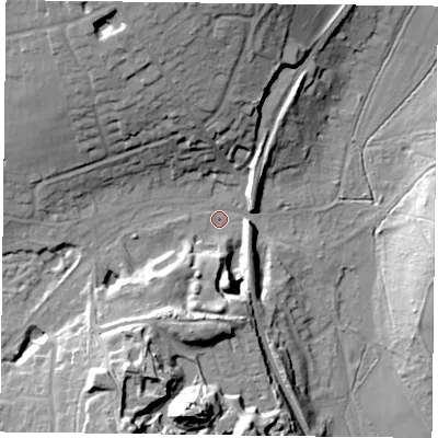 Shaded relief map of the ground around PO96BW, computed from Environment Agency LiDAR. The ground here sits at about 32 m above sea level and falls 25 m across the surrounding 800 m. Surface water reaching this point runs off ground lying to the north-north-west, 23.4 m higher.