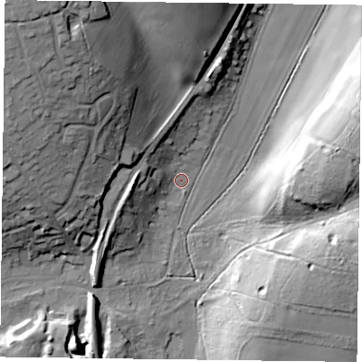 Shaded relief map of the ground around PO96DA, computed from Environment Agency LiDAR. The ground here sits at about 32 m above sea level and falls 33 m across the surrounding 800 m. Surface water reaching this point runs off ground lying to the west-north-west, 12.9 m higher.