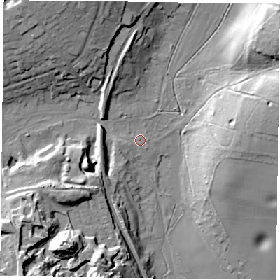 Shaded relief map of the ground around PO96DD, computed from Environment Agency LiDAR. The ground here sits at about 31 m above sea level and falls 25 m across the surrounding 800 m. Surface water reaching this point runs off ground lying to the north-west, 22.2 m higher.