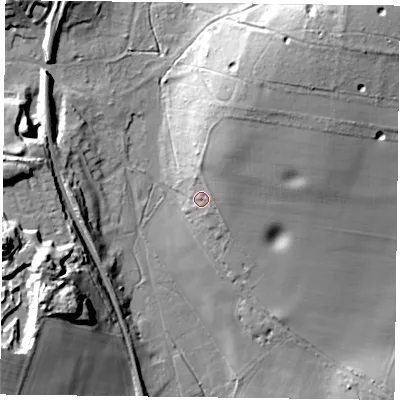 Shaded relief map of the ground around PO96DP, computed from Environment Agency LiDAR. The ground here sits at about 36 m above sea level and falls 30 m across the surrounding 800 m. Surface water reaching this point runs off ground lying to the north-north-east, 11.3 m higher.