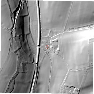 Shaded relief map of the ground around PO96EJ, computed from Environment Agency LiDAR. The ground here sits at about 39 m above sea level and falls 43 m across the surrounding 800 m. Surface water reaching this point runs off ground lying to the east, 9.5 m higher.