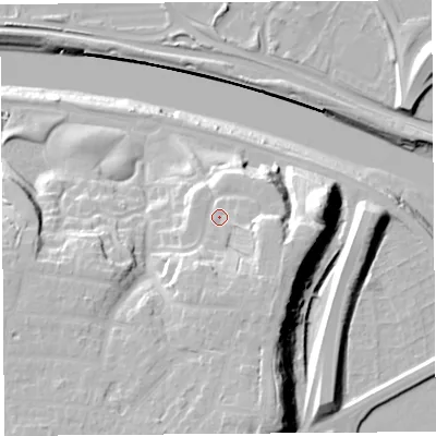 Shaded relief map of the ground around PR10BP, computed from Environment Agency LiDAR. The ground here sits at about 18 m above sea level and falls 28 m across the surrounding 800 m. Surface water reaching this point runs off ground lying to the south-south-east, 7.7 m higher.