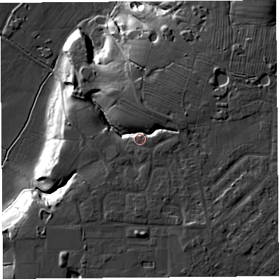 Shaded relief map of the ground around PR10JU, computed from Environment Agency LiDAR. The ground here sits at about 22 m above sea level and falls 21 m across the surrounding 800 m. Surface water reaching this point runs off ground lying to the east-north-east, 5.6 m higher.