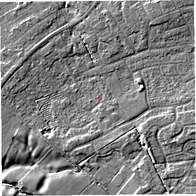 Shaded relief map of the ground around PR10LJ, computed from Environment Agency LiDAR. The ground here sits at about 22 m above sea level and falls 8 m across the surrounding 800 m. Surface water reaching this point runs off ground lying to the south-east, 3.9 m higher.