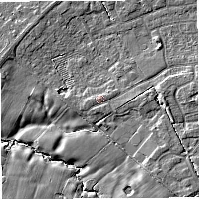 Shaded relief map of the ground around PR10LP, computed from Environment Agency LiDAR. The ground here sits at about 23 m above sea level and falls 9 m across the surrounding 800 m. Surface water reaching this point runs off ground lying to the south-south-west, 0.8 m higher.