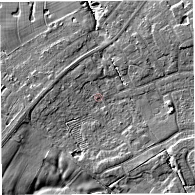Shaded relief map of the ground around PR10NE, computed from Environment Agency LiDAR. The ground here sits at about 21 m above sea level and falls 10 m across the surrounding 800 m. Surface water reaching this point runs off ground lying to the south-east, 4.7 m higher.