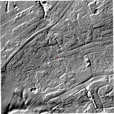 Shaded relief map of the ground around PR10NH, computed from Environment Agency LiDAR. The ground here sits at about 21 m above sea level and falls 10 m across the surrounding 800 m. Surface water reaching this point runs off ground lying to the south-east, 4.5 m higher.