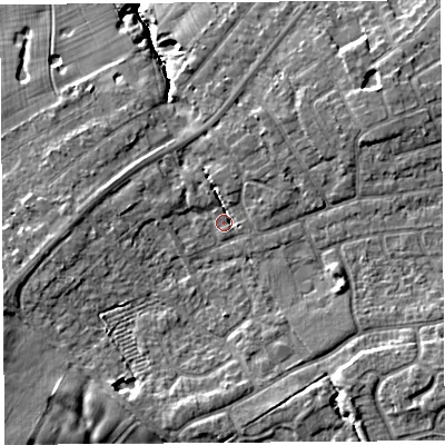 Shaded relief map of the ground around PR10NJ, computed from Environment Agency LiDAR. The ground here sits at about 22 m above sea level and falls 11 m across the surrounding 800 m. Surface water reaching this point runs off ground lying to the south-east, 4.7 m higher.