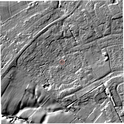 Shaded relief map of the ground around PR10NL, computed from Environment Agency LiDAR. The ground here sits at about 21 m above sea level and falls 9 m across the surrounding 800 m. Surface water reaching this point runs off ground lying to the east-south-east, 4.5 m higher.