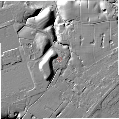 Shaded relief map of the ground around PR10NS, computed from Environment Agency LiDAR. The ground here sits at about 21 m above sea level and falls 23 m across the surrounding 800 m. Surface water reaching this point runs off ground lying to the south-west, 7.5 m higher.