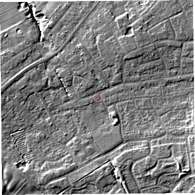 Shaded relief map of the ground around PR10QR, computed from Environment Agency LiDAR. The ground here sits at about 22 m above sea level and falls 13 m across the surrounding 800 m. Surface water reaching this point runs off ground lying to the north-east, 2.3 m higher.