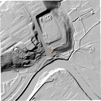 Shaded relief map of the ground around PR14AP, computed from Environment Agency LiDAR. The ground here sits at about 17 m above sea level and falls 35 m across the surrounding 800 m. Surface water reaching this point runs off ground lying to the north-north-west, 22.8 m higher.