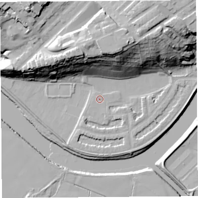 Shaded relief map of the ground around PR14LX, computed from Environment Agency LiDAR. The ground here sits at about 8 m above sea level and falls 35 m across the surrounding 800 m. Surface water reaching this point runs off ground lying to the north-north-east, 30.3 m higher.