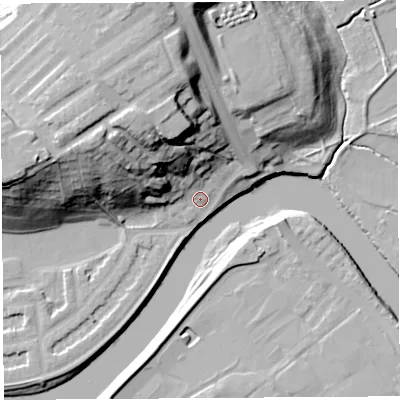 Shaded relief map of the ground around PR14PB, computed from Environment Agency LiDAR. The ground here sits at about 10 m above sea level and falls 35 m across the surrounding 800 m. Surface water reaching this point runs off ground lying to the north-north-west, 29.5 m higher.