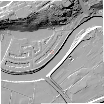 Shaded relief map of the ground around PR14PE, computed from Environment Agency LiDAR. The ground here sits at about 9 m above sea level and falls 34 m across the surrounding 800 m. Surface water reaching this point runs off ground lying to the south-west, 2.5 m higher.