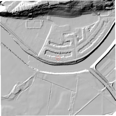 Shaded relief map of the ground around PR14PH, computed from Environment Agency LiDAR. The ground here sits at about 9 m above sea level and falls 33 m across the surrounding 800 m. Surface water reaching this point runs off ground lying to the east, 1.9 m higher.