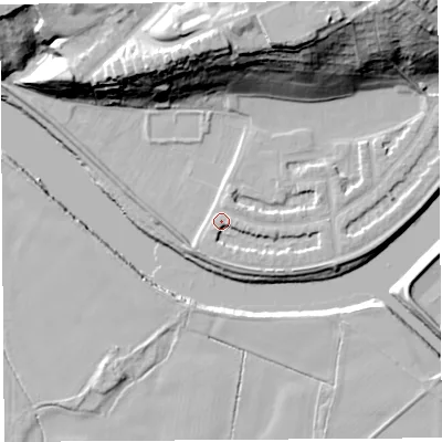 Shaded relief map of the ground around PR14PJ, computed from Environment Agency LiDAR. The ground here sits at about 9 m above sea level and falls 34 m across the surrounding 800 m. Surface water reaching this point runs off ground lying to the west, 2.4 m higher.
