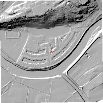 Shaded relief map of the ground around PR14PN, computed from Environment Agency LiDAR. The ground here sits at about 9 m above sea level and falls 34 m across the surrounding 800 m. Surface water reaching this point runs off ground lying to the west, 1.0 m higher.