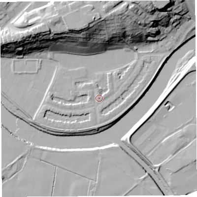 Shaded relief map of the ground around PR14PP, computed from Environment Agency LiDAR. The ground here sits at about 9 m above sea level and falls 34 m across the surrounding 800 m. Surface water reaching this point runs off ground lying to the west, 1.0 m higher.
