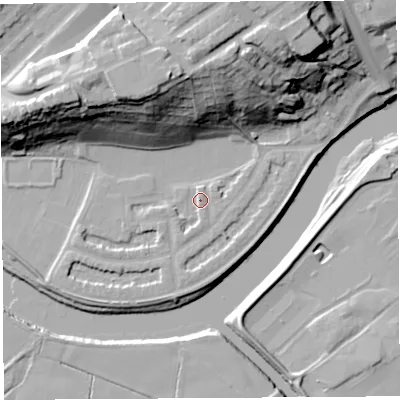 Shaded relief map of the ground around PR14PQ, computed from Environment Agency LiDAR. The ground here sits at about 9 m above sea level and falls 35 m across the surrounding 800 m. Surface water reaching this point runs off ground lying to the west-south-west, 1.8 m higher.