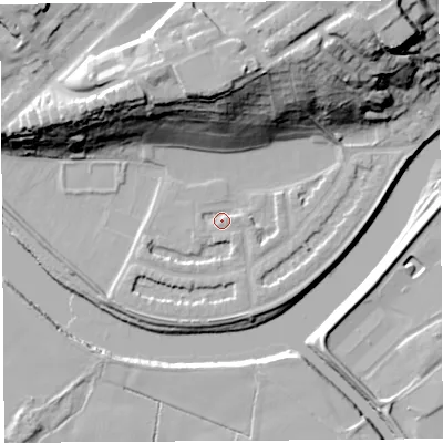 Shaded relief map of the ground around PR14PR, computed from Environment Agency LiDAR. The ground here sits at about 8 m above sea level and falls 35 m across the surrounding 800 m. Surface water reaching this point runs off ground lying to the south-south-east, 2.2 m higher.