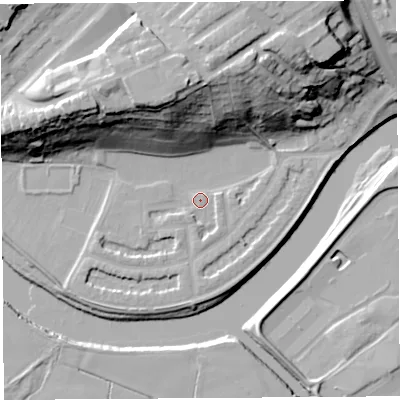 Shaded relief map of the ground around PR14PS, computed from Environment Agency LiDAR. The ground here sits at about 8 m above sea level and falls 35 m across the surrounding 800 m. Surface water reaching this point runs off ground lying to the north-north-east, 29.9 m higher.