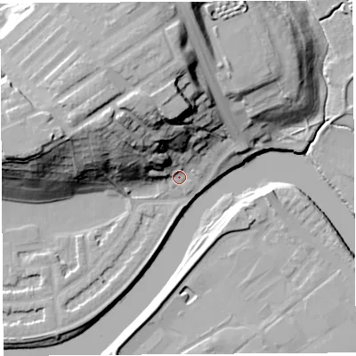 Shaded relief map of the ground around PR14PT, computed from Environment Agency LiDAR. The ground here sits at about 10 m above sea level and falls 35 m across the surrounding 800 m. Surface water reaching this point runs off ground lying to the north-north-west, 28.7 m higher.