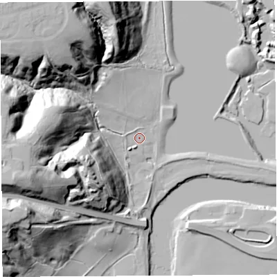 Shaded relief map of the ground around PR15BF, computed from Environment Agency LiDAR. The ground here sits at about 12 m above sea level and falls 50 m across the surrounding 800 m. Surface water reaching this point runs off ground lying to the south-west, 3.6 m higher.