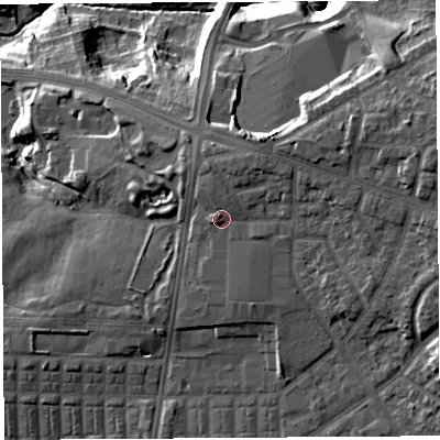 Shaded relief map of the ground around PR16PA, computed from Environment Agency LiDAR. The ground here sits at about 42 m above sea level and falls 20 m across the surrounding 800 m. Surface water reaching this point runs off ground lying to the north, 1.1 m higher.