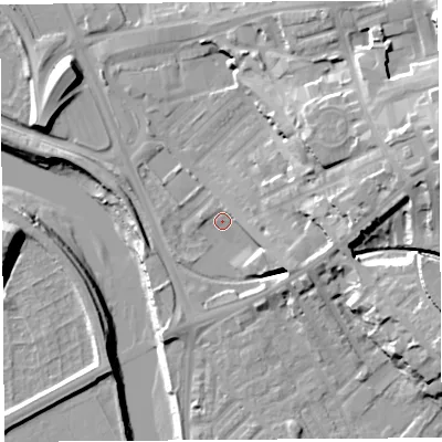 Shaded relief map of the ground around PR18AF, computed from Environment Agency LiDAR. The ground here sits at about 7 m above sea level and falls 25 m across the surrounding 800 m. Surface water reaching this point runs off ground lying to the east, 9.1 m higher.