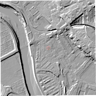 Shaded relief map of the ground around PR18DL, computed from Environment Agency LiDAR. The ground here sits at about 7 m above sea level and falls 27 m across the surrounding 800 m. Surface water reaching this point runs off ground lying to the north-north-east, 0.8 m higher.