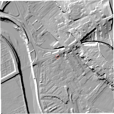 Shaded relief map of the ground around PR18DN, computed from Environment Agency LiDAR. The ground here sits at about 8 m above sea level and falls 27 m across the surrounding 800 m. Surface water reaching this point runs off ground lying to the north-west, 2.0 m higher.