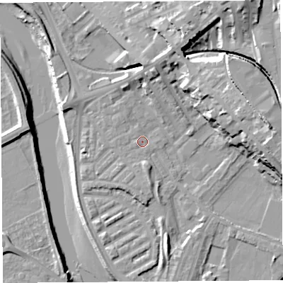 Shaded relief map of the ground around PR18DQ, computed from Environment Agency LiDAR. The ground here sits at about 7 m above sea level and falls 25 m across the surrounding 800 m. Surface water reaching this point runs off ground lying to the south, 2.6 m higher.