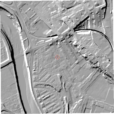 Shaded relief map of the ground around PR18DS, computed from Environment Agency LiDAR. The ground here sits at about 7 m above sea level and falls 27 m across the surrounding 800 m. Surface water reaching this point runs off ground lying to the west-north-west, 1.0 m higher.