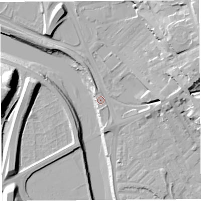 Shaded relief map of the ground around PR18DT, computed from Environment Agency LiDAR. The ground here sits at about 7 m above sea level and falls 28 m across the surrounding 800 m. Surface water reaching this point runs off ground lying to the east, 9.1 m higher.