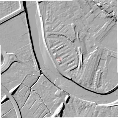 Shaded relief map of the ground around PR18DU, computed from Environment Agency LiDAR. The ground here sits at about 7 m above sea level and falls 19 m across the surrounding 800 m. Surface water reaching this point runs off ground lying to the south-south-east, 2.8 m higher.