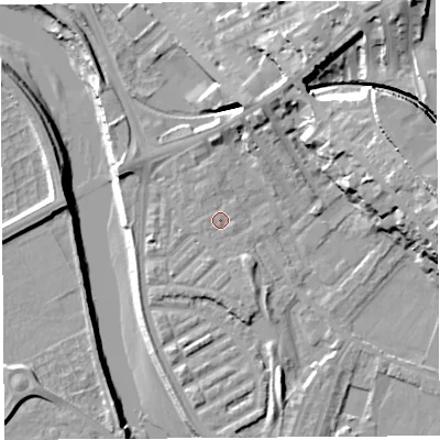 Shaded relief map of the ground around PR18DW, computed from Environment Agency LiDAR. The ground here sits at about 7 m above sea level and falls 27 m across the surrounding 800 m. Surface water reaching this point runs off ground lying to the north-west, 0.6 m higher.